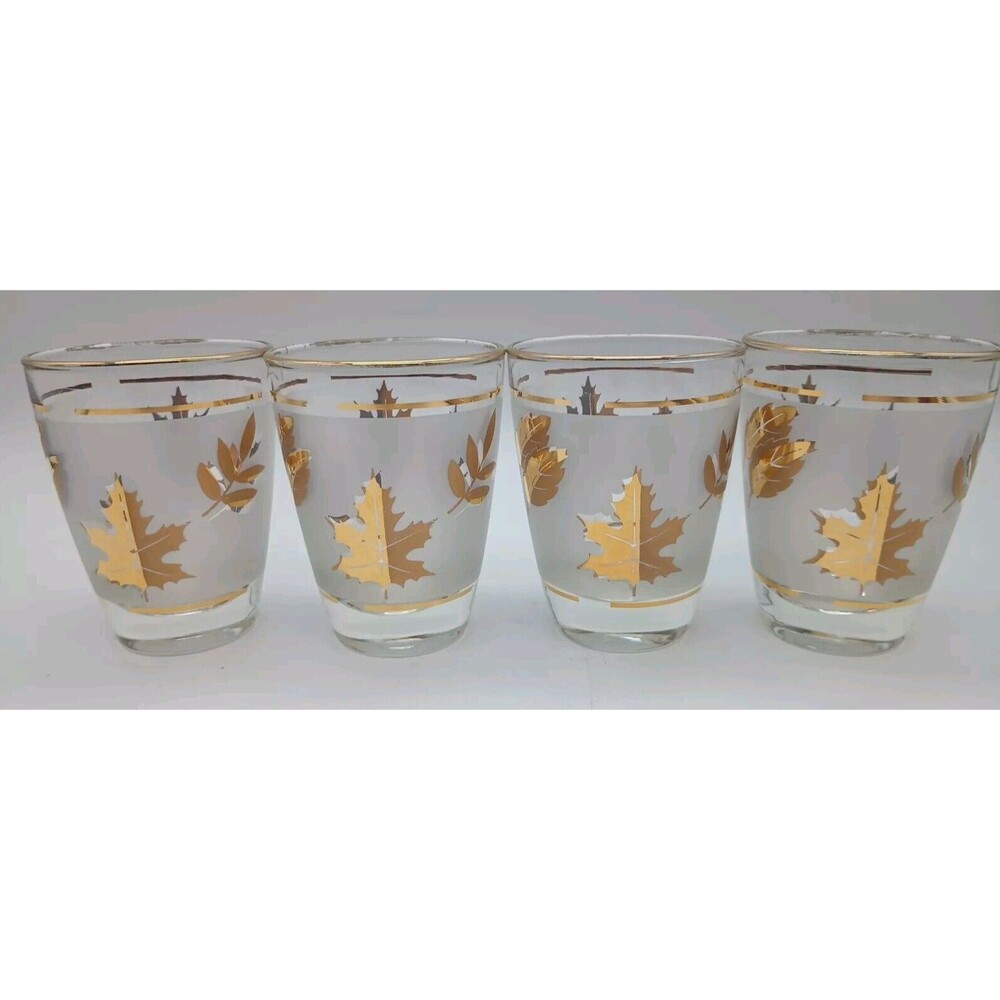 Anchor Hocking Golden Foliage Leaf Frosted  4 Juice Glasses 4oz  3  1/2" Fall
